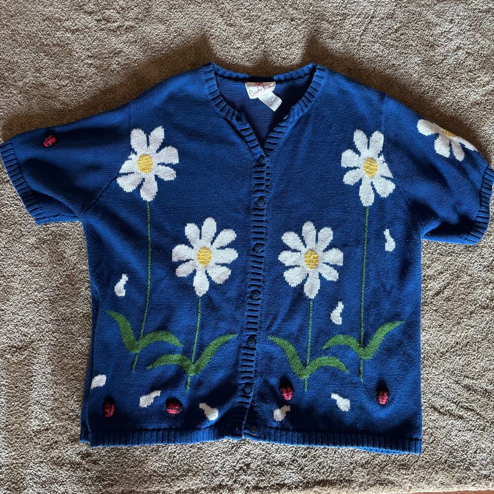 Quacker Factory Blue Cardigan Sweater Knit Daisy Lady Bug Cottagecore Twee X3